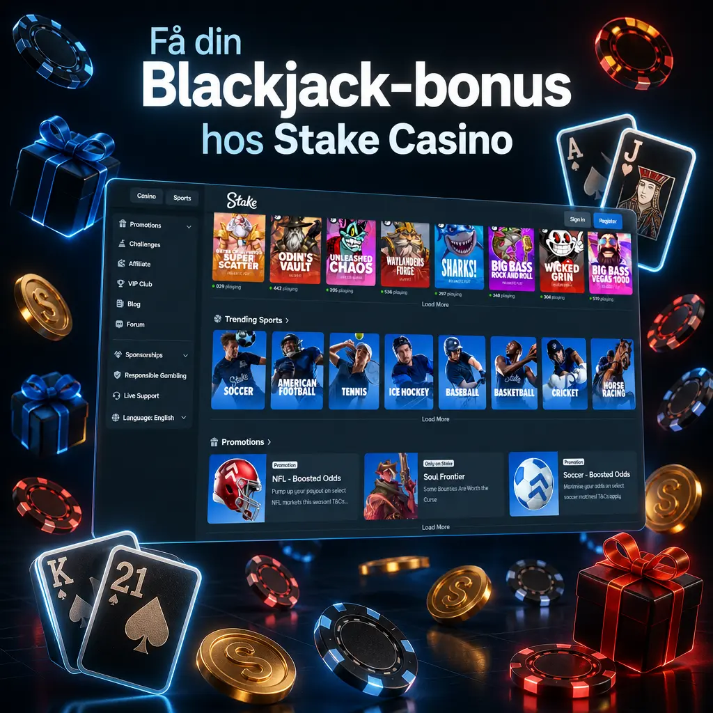 Bilde som viser Blackjack-bonus og Wheel Wars-kampanje hos Stake Casino med premier og Stake Rewards-fordeler.