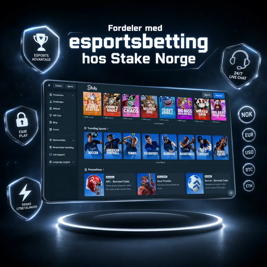 Fordeler med esportsbetting hos Stake Norge: konkurransedyktige odds, kryptovaluta, 24/7 support og mobiloptimalisert plattform.
