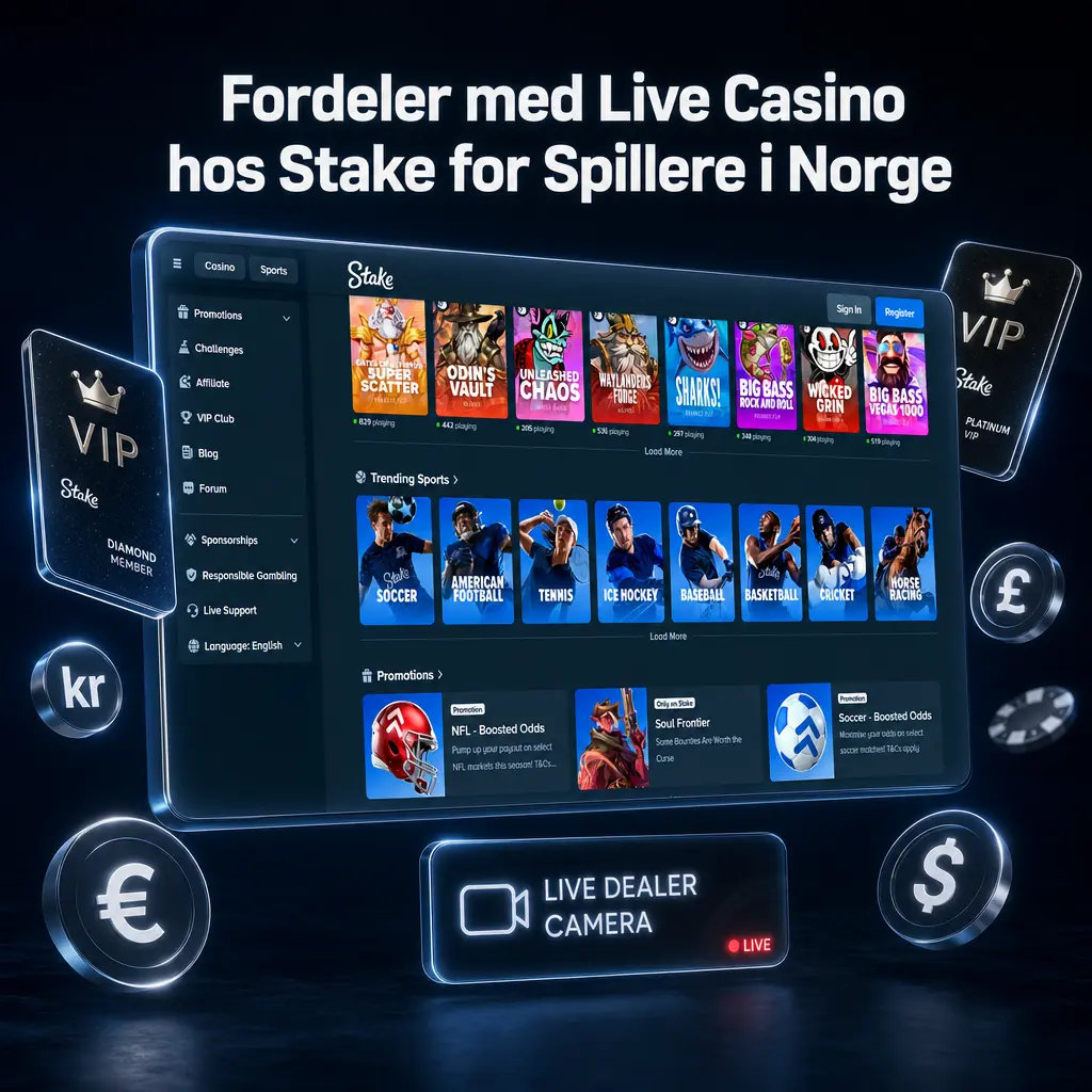 Fordeler med Live Casino hos Stake: rask kryptoutbetaling, NOK-saldo, døgnåpen support og VIP-program for norske spillere.