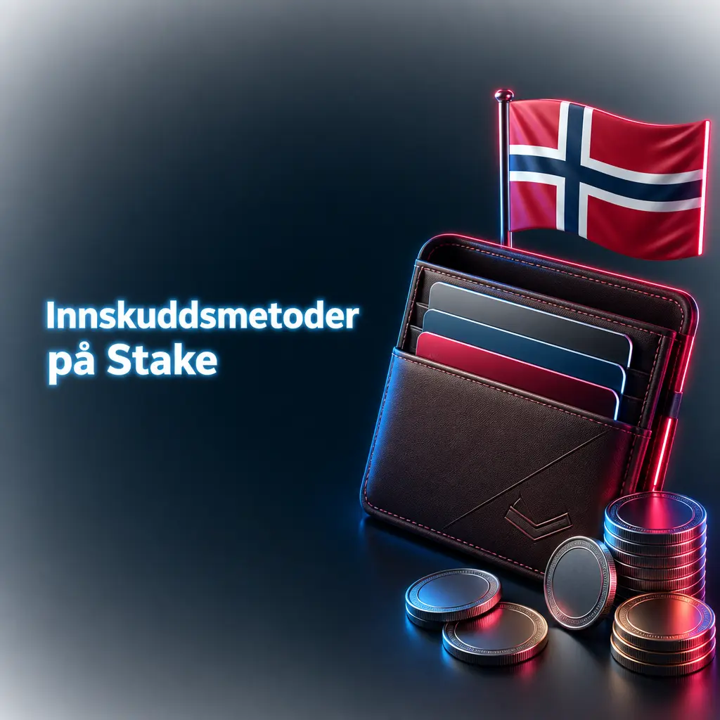 Illustrasjon av innskuddsmetoder på Stake, med kryptovaluta som Bitcoin og Ethereum for raske transaksjoner.