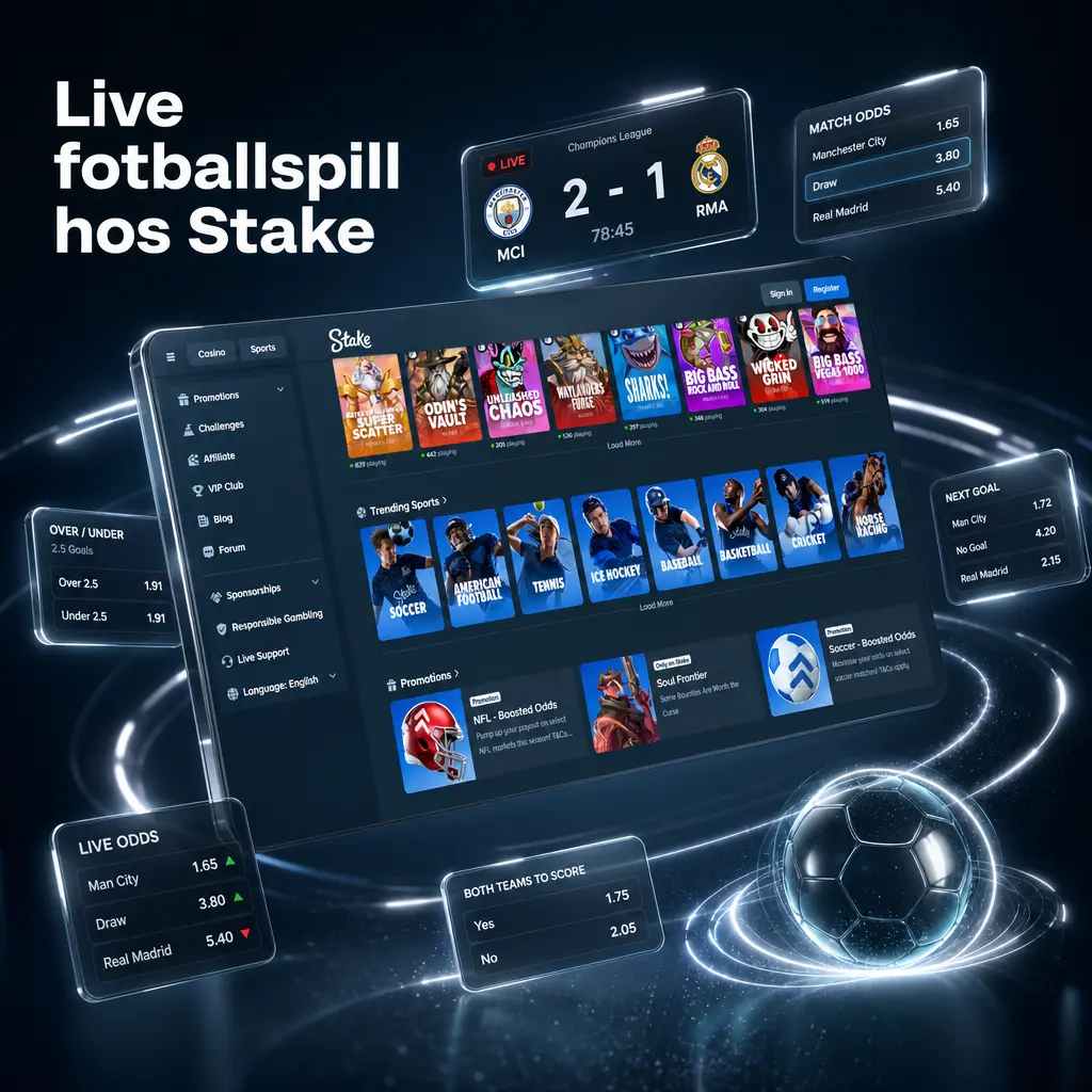 Skjermbilde av live fotballspill hos Stake med oppdaterte odds, statistikk og cash out-funksjon under en fotballkamp.