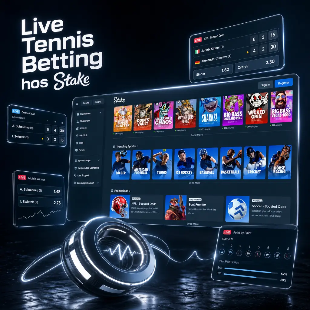 Live tennisodds hos Stake med oppdatert statistikk for ess, dobbeltfeil og settstand fra ATP-, WTA- og Challenger-kamper.