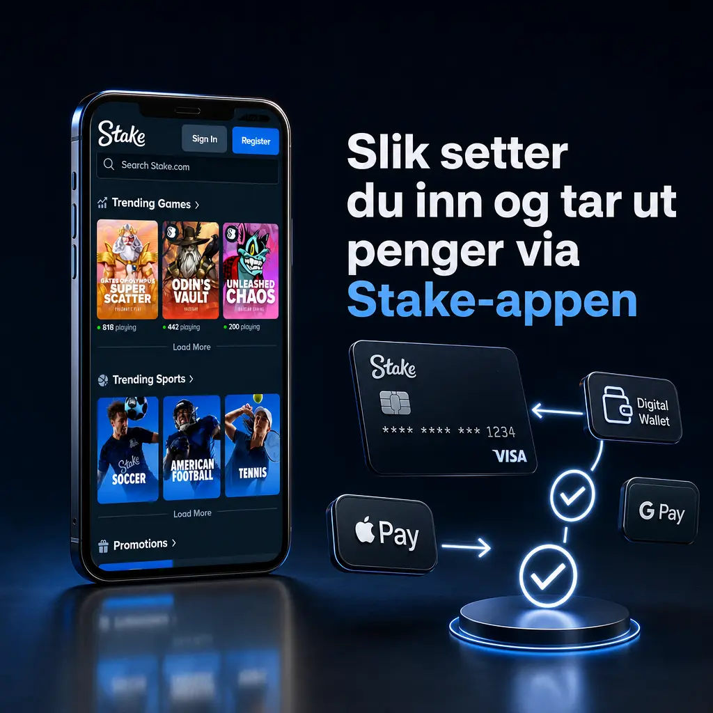 Slik setter du inn eller tar ut penger via Stake-appen med kryptovaluta, bankkort, Apple Pay eller Google Pay.