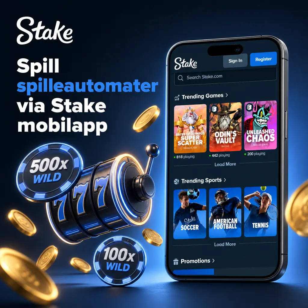 Skjermbilde av Stake mobilapp med spilleautomater, filtreringsalternativer og enkel navigasjon for Android og iOS.