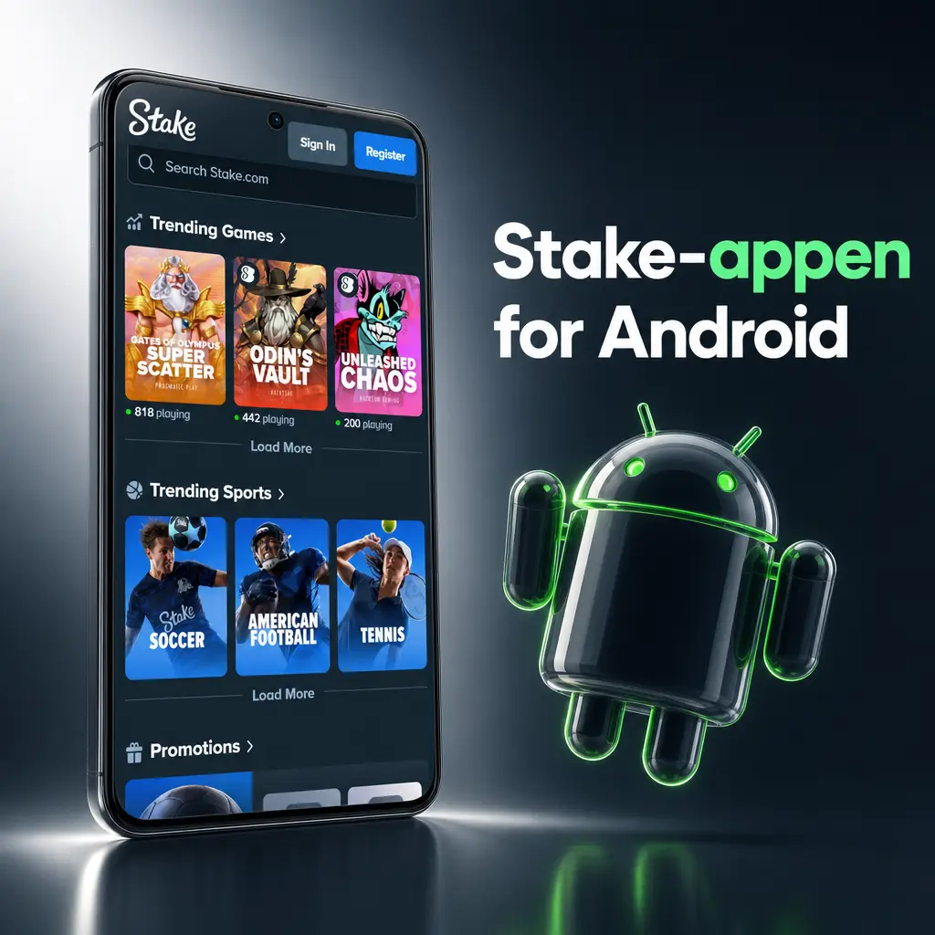 Skjermbilde av Stake-appen for Android med nedlasting av APK-fil for casino og sportsbook