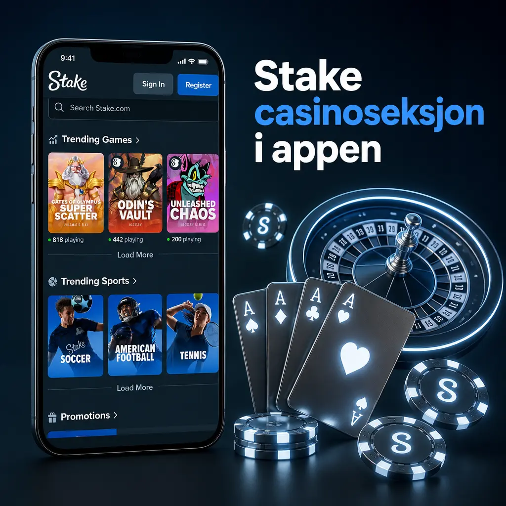 Casinoseksjon i Stake-appen med spilleautomater, bordspill, live casino, Stake Originals og jackpotspill.