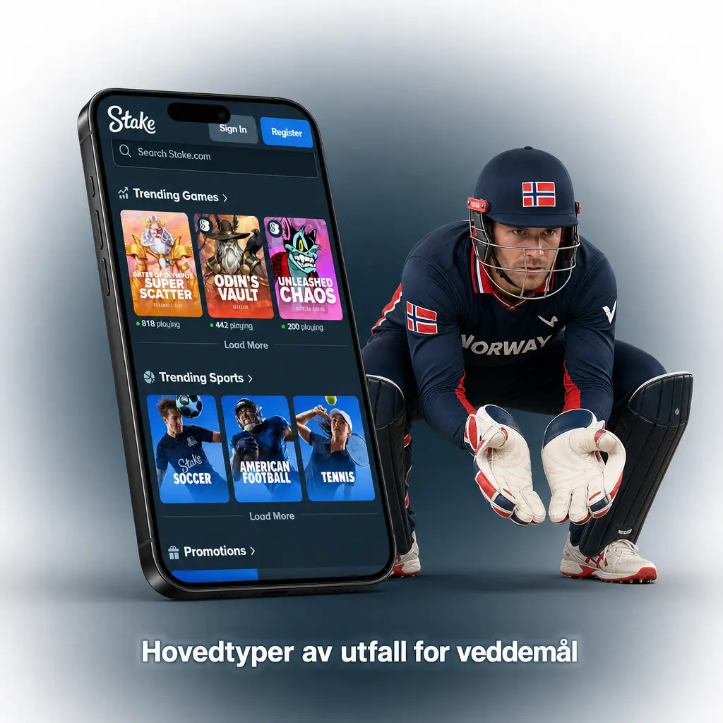 Oversikt over vanlige veddemålstyper som 1X2, Over/Under, Handicap og Begge lag scorer på Stake.