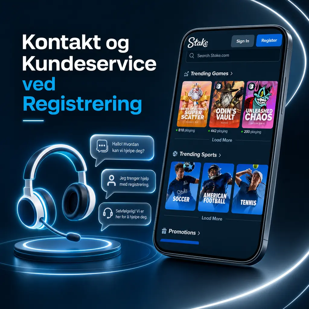 Stake kundeservice hjelper norske spillere med registrering og verifisering via live chat, e-post og hjelpesenter 24/7