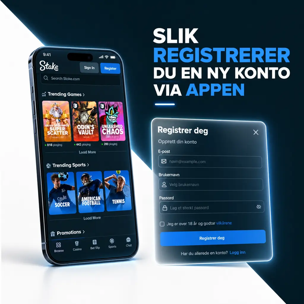 Skjermbilde som viser hvordan man registrerer ny konto i Stake-appen steg for steg.