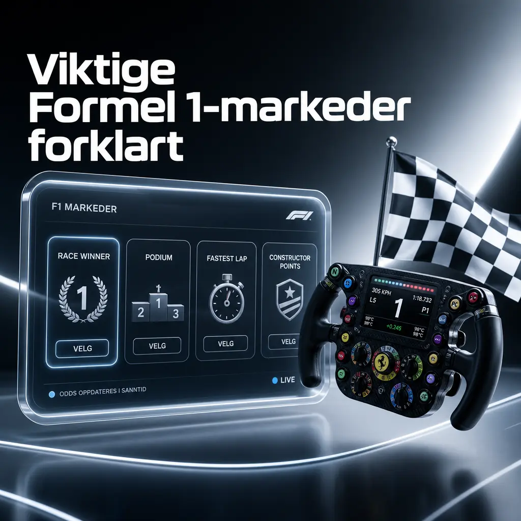 Illustrasjon av viktige Formel 1-oddsmarkeder som løpsvinner, poddium og kvalifisering hos Stake.