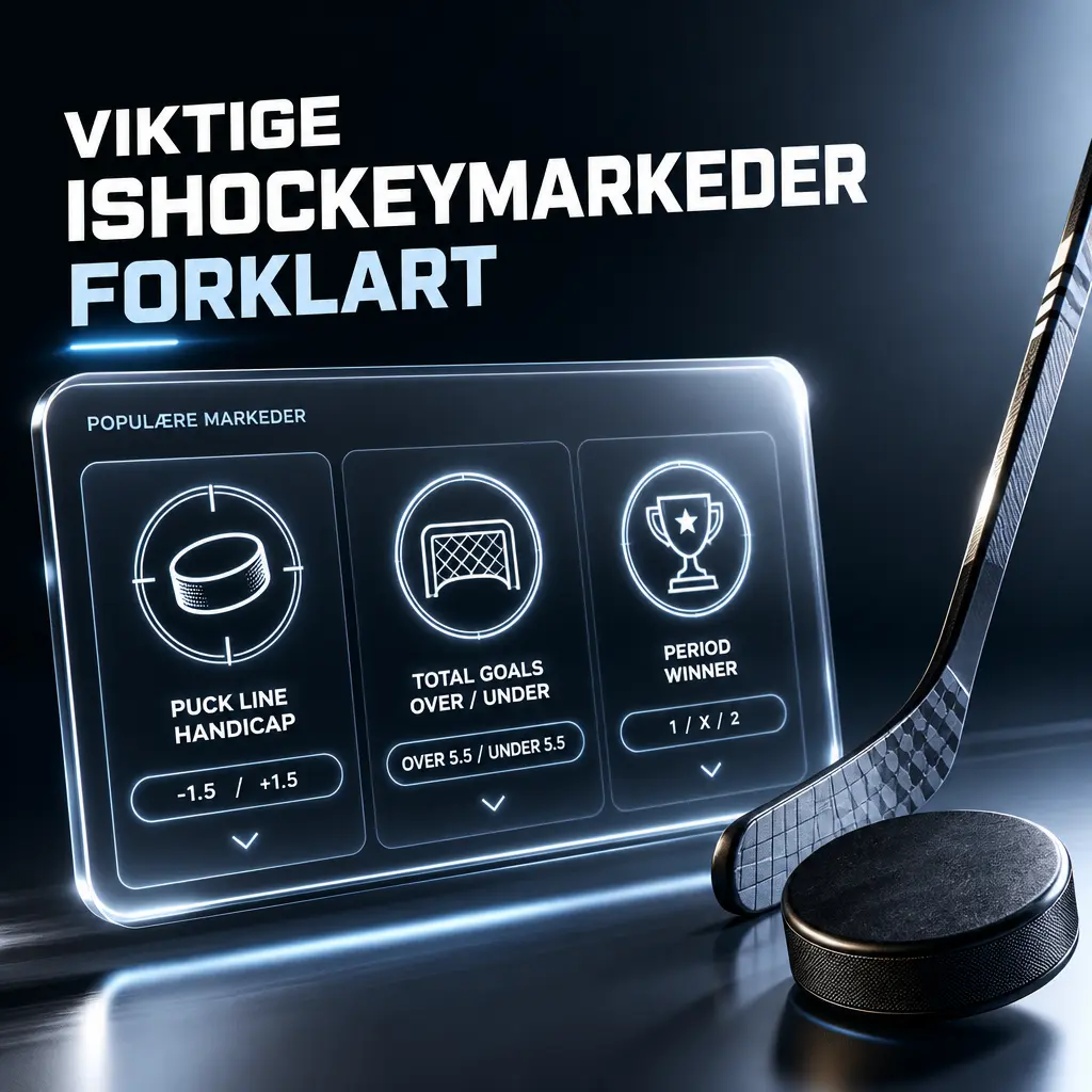 Illustrasjon av viktige ishockeymarkeder hos Stake, som Moneyline, Puck Line og Over/Under-odds.
