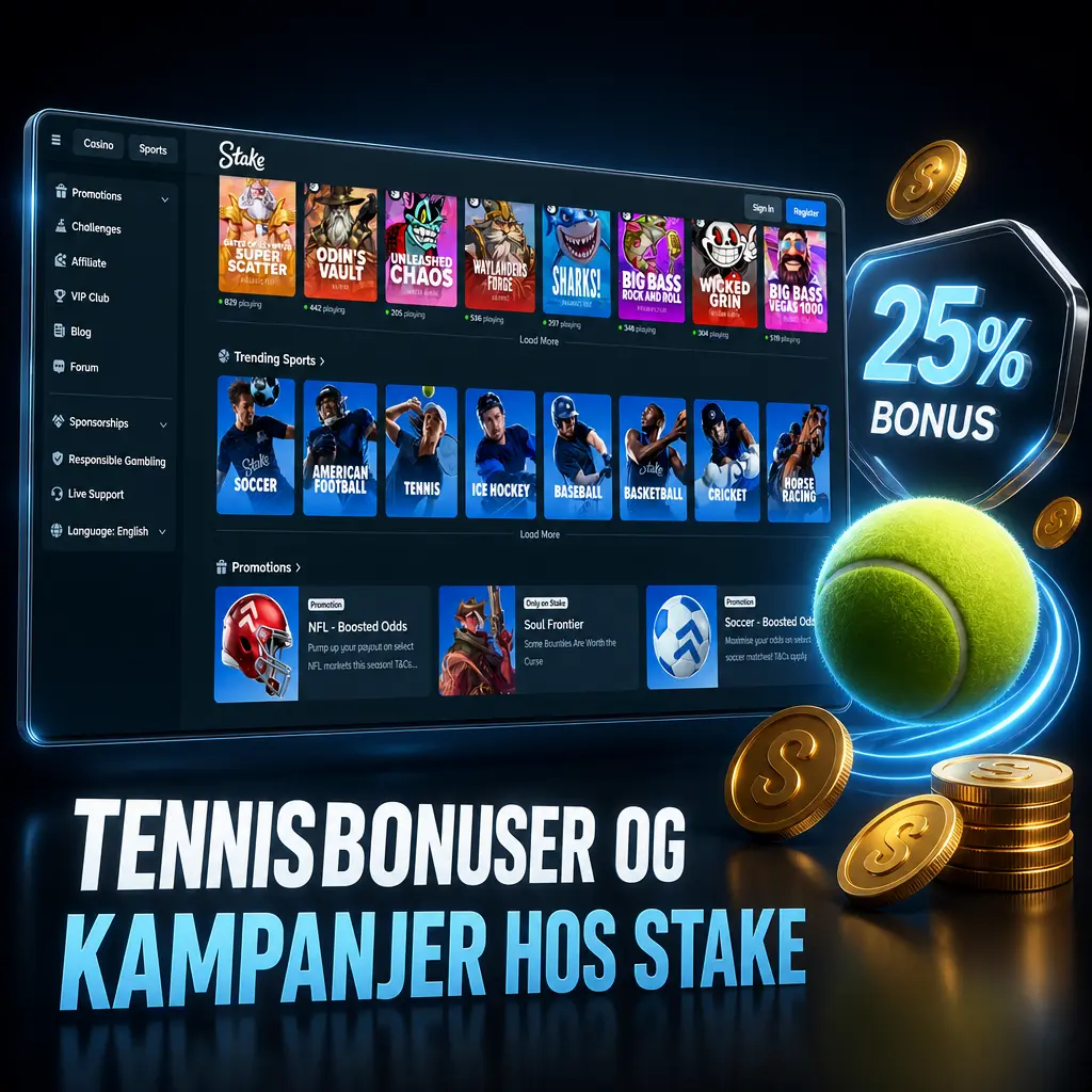 Tennisbonuser og kampanjer hos Stake, med Wheel Wars, Acca Boost og reload-tilbud for verifiserte spillere.