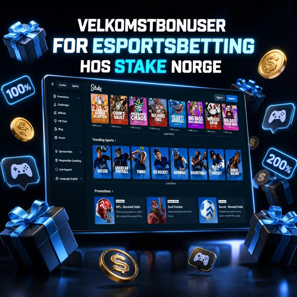 Illustrasjon som viser Stake Norges velkomstbonus og Wheel Wars-kampanje for esportsbetting med premier og spillealternativer.
